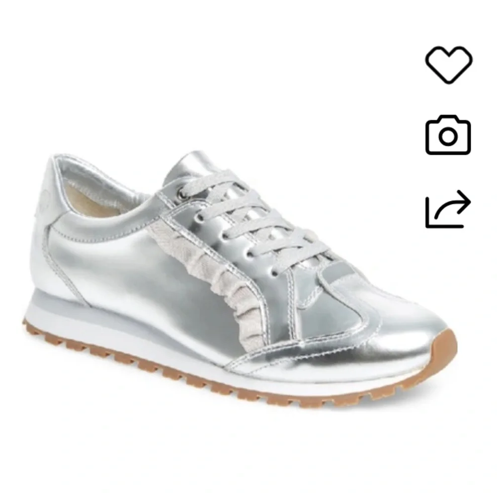 Tory Burch Sport Women's Ruffle Trainer Leather Lace Up Sneakers in Silver
